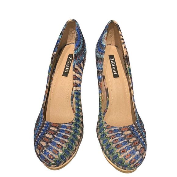 ZiGigirl Pumps Stiletto Abstract Peacock Pattern Colorful Gold Heel, Women’s Siz - Picture 1 of 10